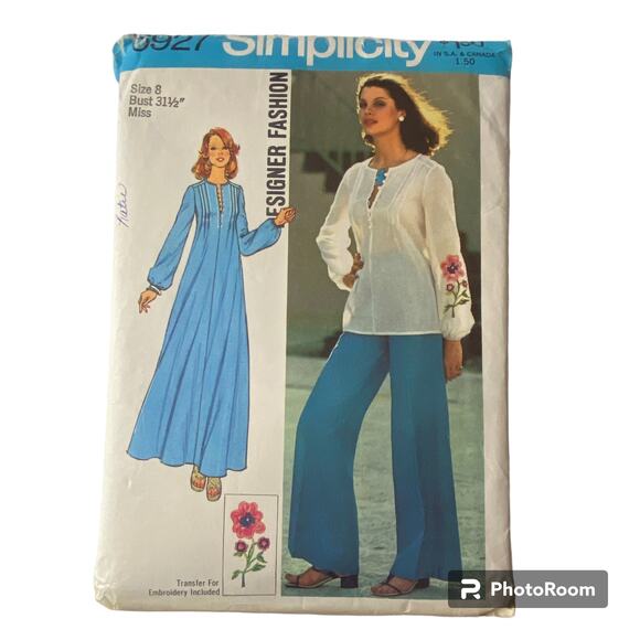 Simplicity 6927 Caftan Top Pant Pattern Miss 8 Wide Leg Mumu Tunic Groovy - Picture 2 of 7